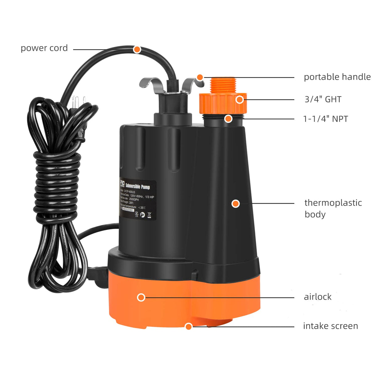 1/3 HP Submersible Water Pump, 2500GPH Utility Pump