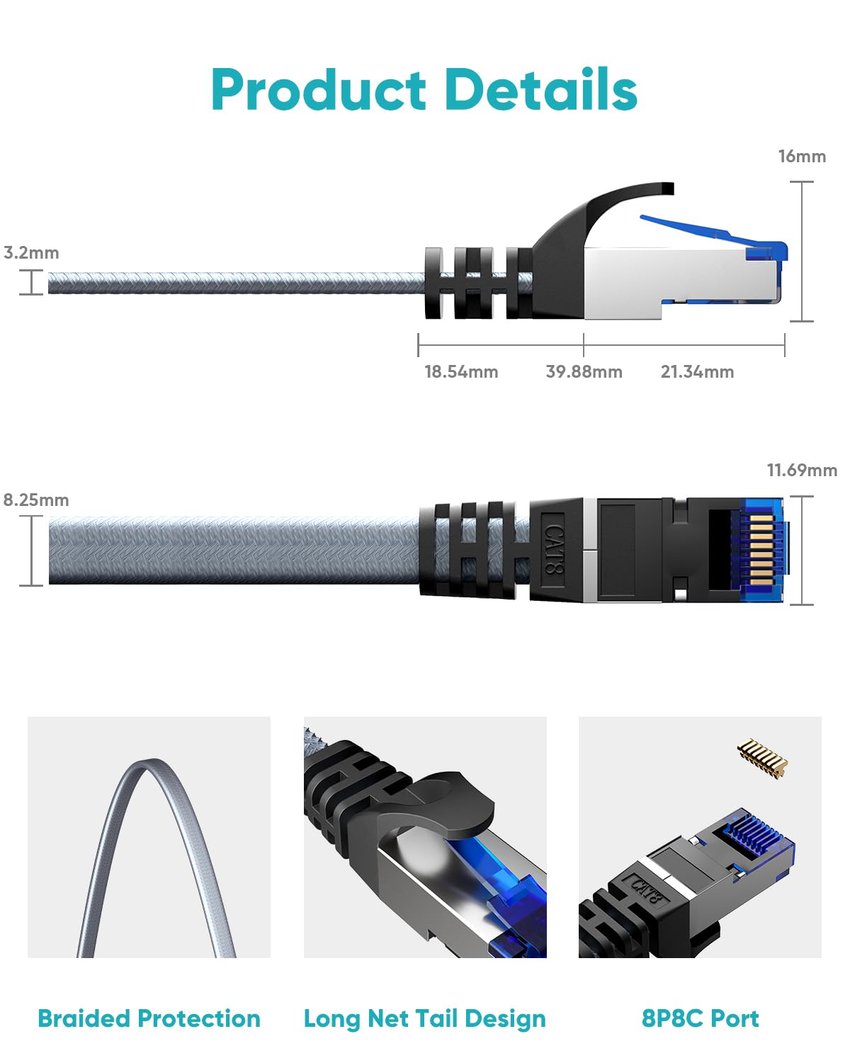 Cat 8 Ethernet Cable 50 ft, Nylon Braided High Speed Heavy Duty Network LAN Patch Cord, 40Gbps 2000Mhz SFTP Shielded