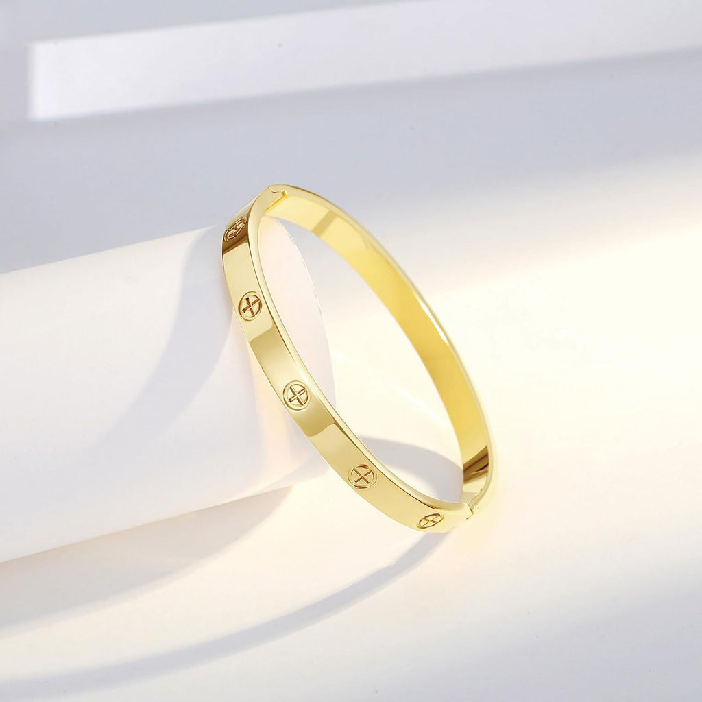 18K Gold-Plated Love Bangle Bracelets for Women, Silver Cross Bangle Bracelets, Waterproof Stainless Steel Friendship