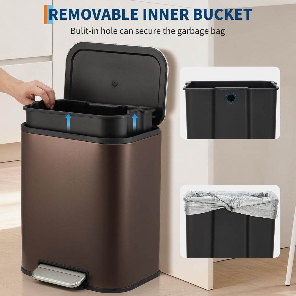 Brown Kitchen Trash Can, 5.3 Gal Stainless Steel Garbage Can