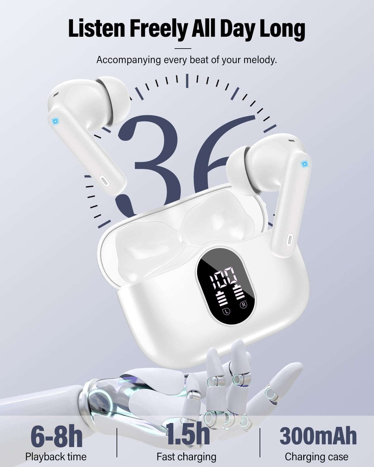 Wireless Earbuds, Bluetooth 5.4 Headphones Bass Stereo, Ear Buds with Noise Cancelling Mic, LED Display in Ear