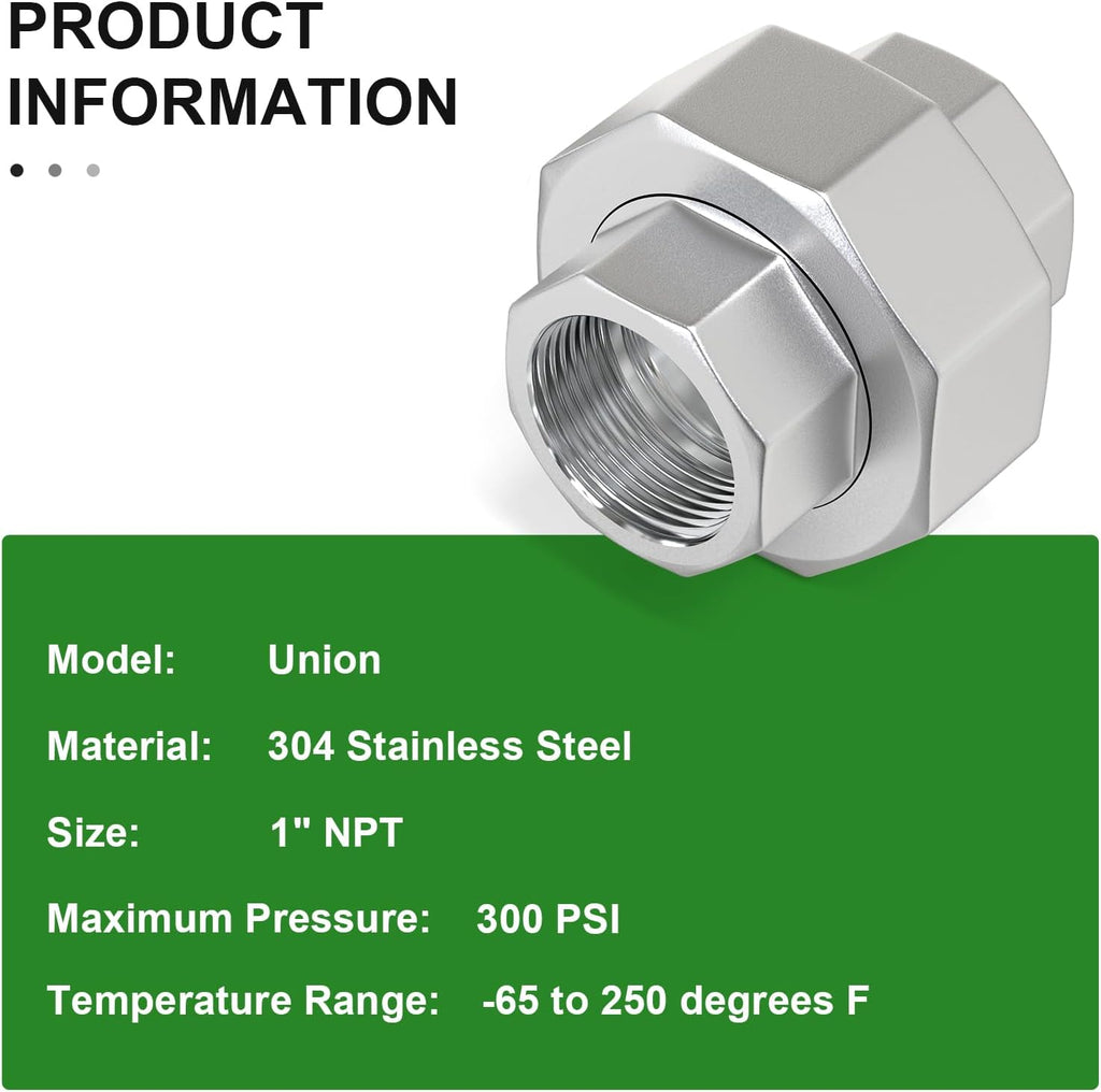 TAISHER 2PCS 304 Stainless Steel Union, 1" NPT Female Cast Pipe Fitting