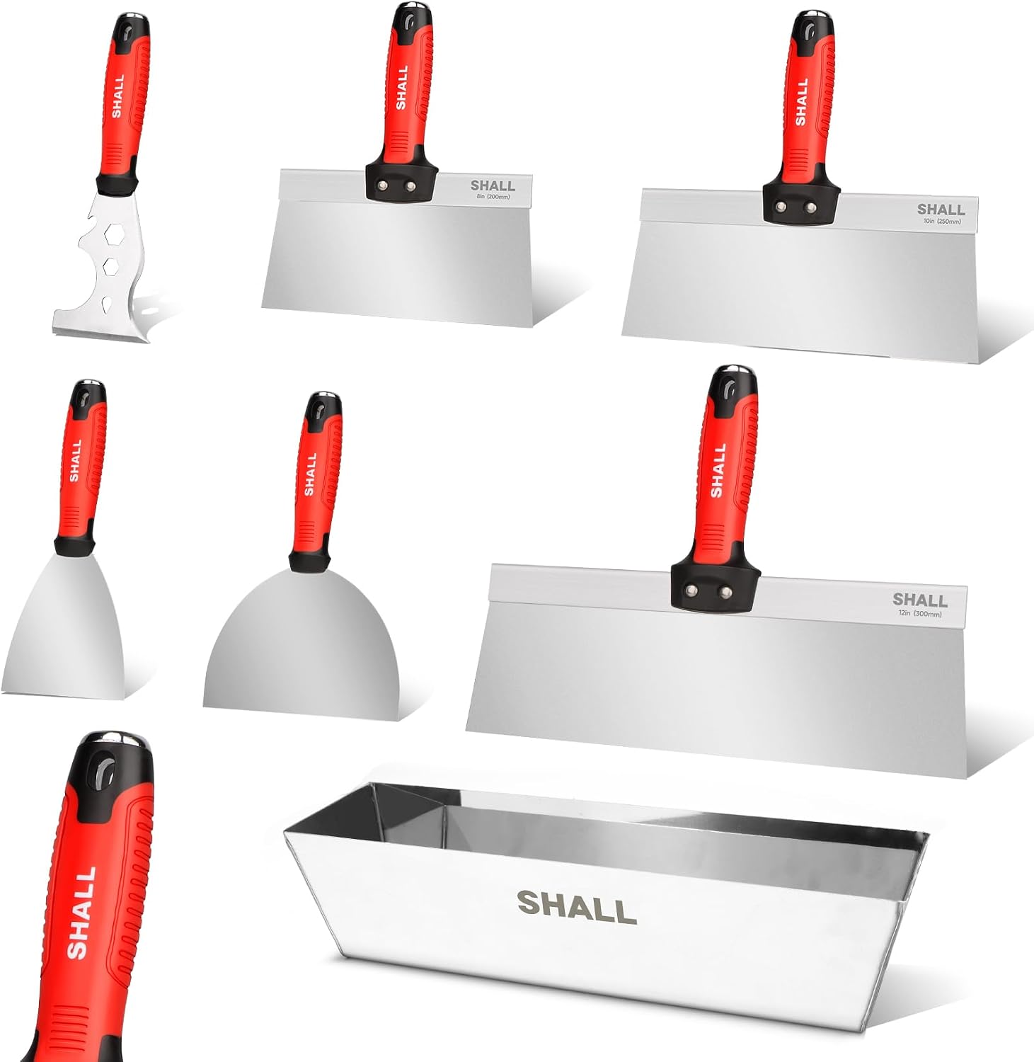 Drywall Tool Kit, 7 Pcs Stainless Steel Set Includes Putty Knife, Taping Knife, Painter Scraper Tool & 12" Mud Pan