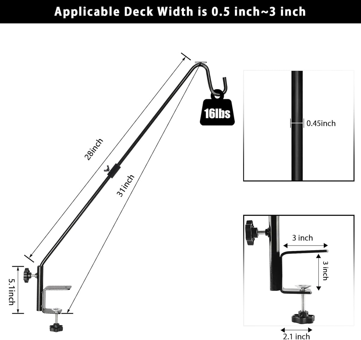 31 Inch Heavy Duty Deck Hook, Non-Slip Clamp, 360 Degree Swivel, Black for Bird Feeders, Planters, Suet Baskets