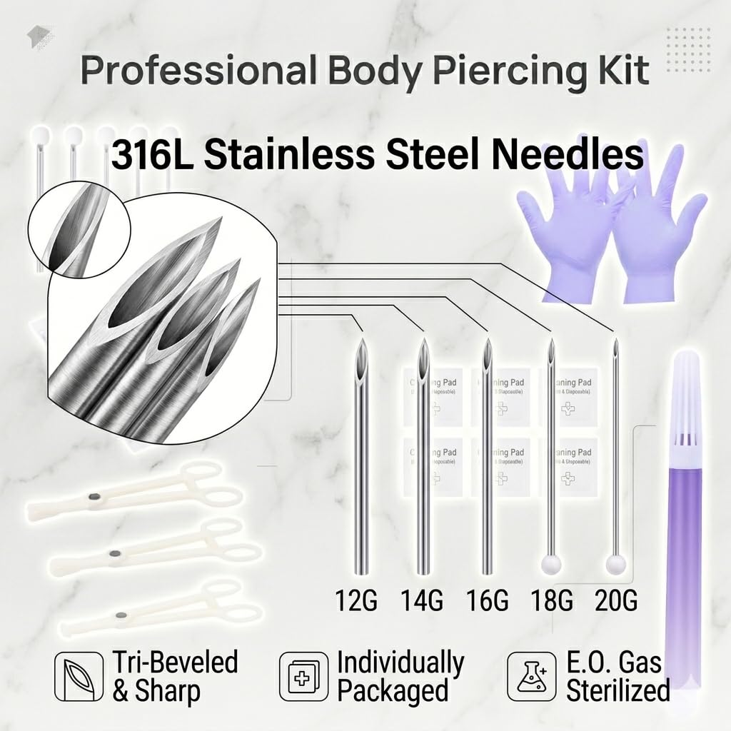 42PCS Mixed Piercing Needles Body Piercing Kit with 4 Types Disposable Piercing Clamps- Precision Tools for Ear