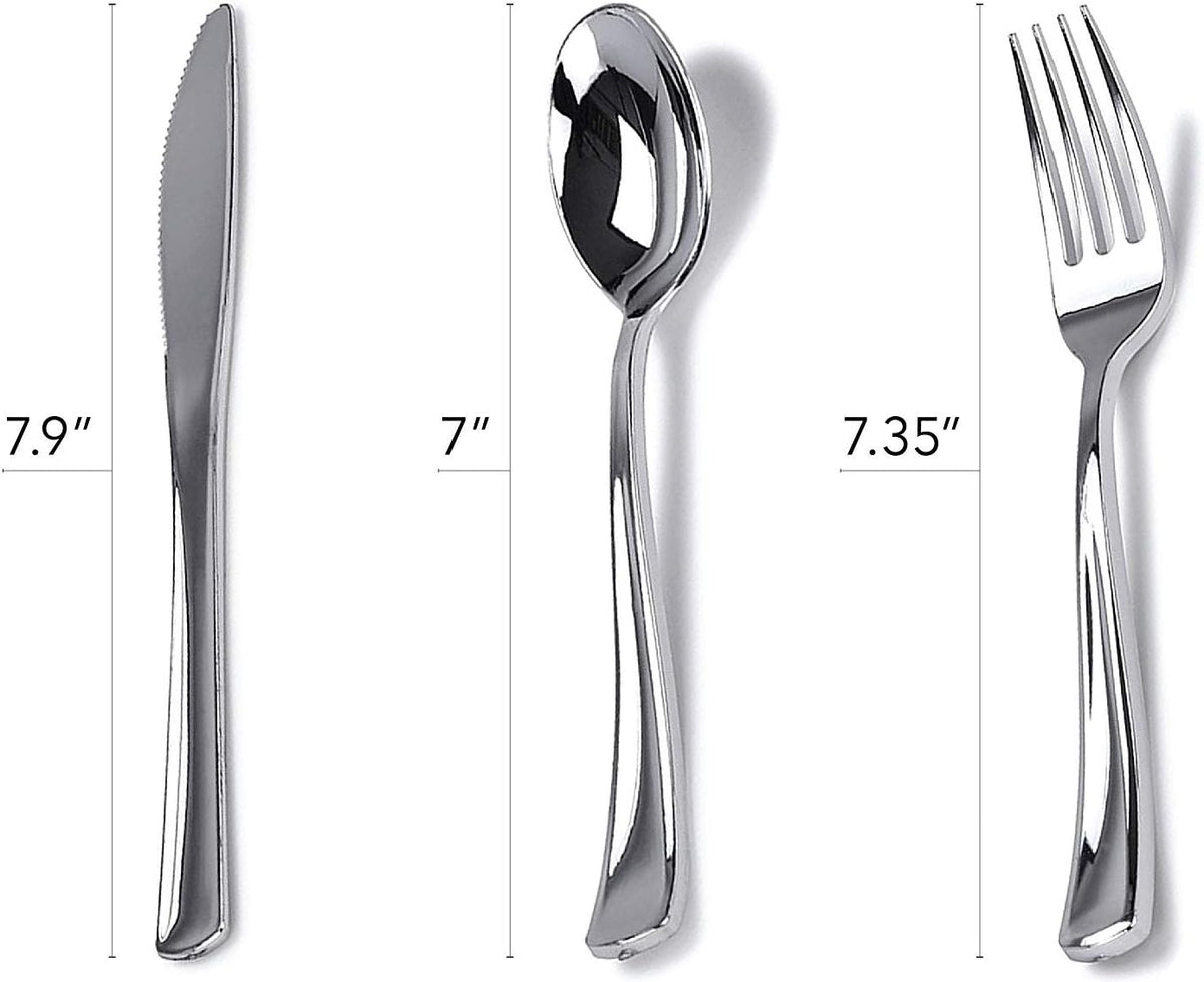 125-Piece White and Silver Fancy Plastic Plates Disposable with Silverware, Elegant Dinnerware for Weddings, Holiday