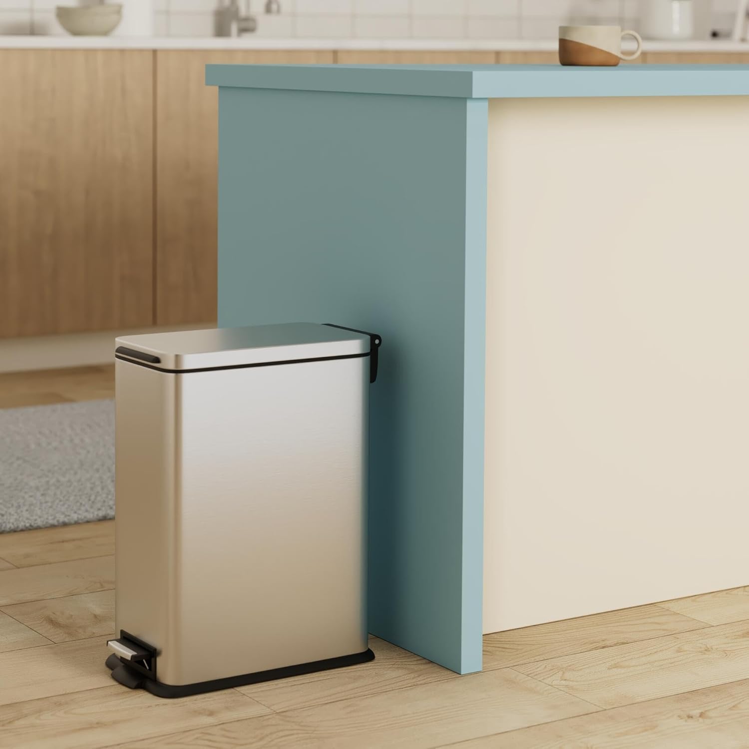 4 Gallon Stainless Steel Slim Kitchen Trash Can | Stainless Steel with Soft-Close Step Pedal Lid, Bag Tuck Band for