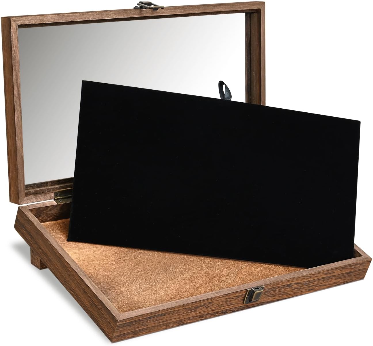 Wooden Jewelry Display Case with Tempered Glass Top, Velvet Pad | Brown wood display case with tempered-glass top