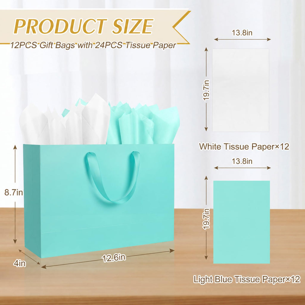 12 Pack Large Sky Blue Gift Bags with Handles & 24 Tissue Papers