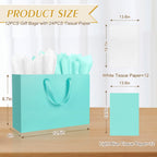 12 Pack Large Sky Blue Gift Bags with Handles & 24 Tissue Papers