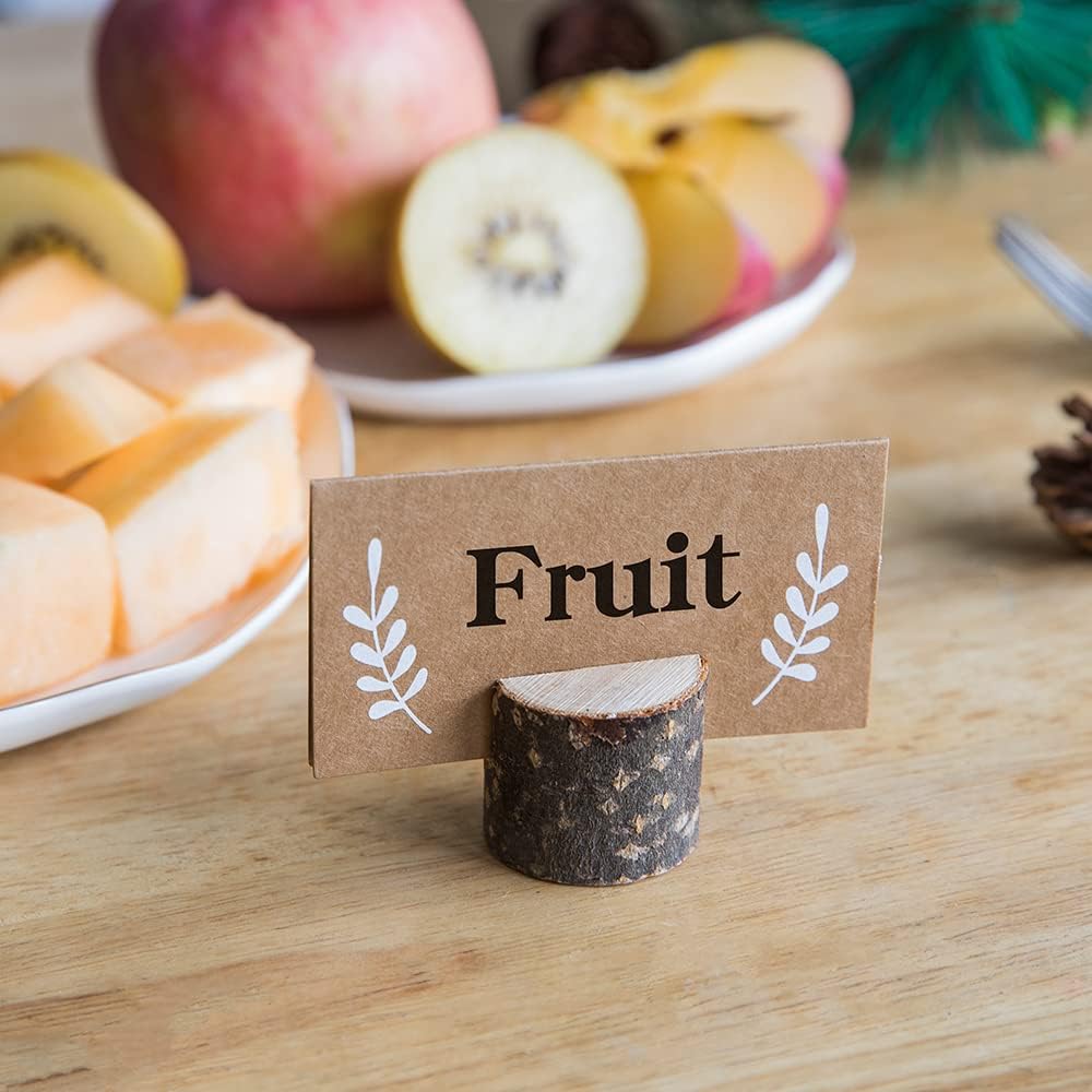 20Pcs Wood Place Card Holders and 24Pcs Kraft Table Place Cards, Rustic Table Number Holders, Food Labels, Name Card