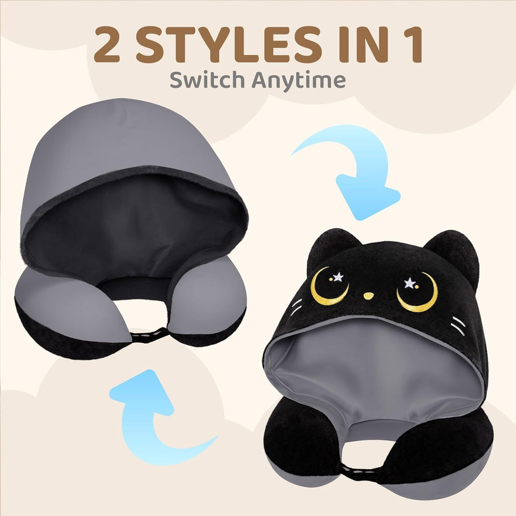 Travel Neck Pillow with Hood for Airplanes,Memory Foam,Breathable Ice Silk & Soft Velvet,Double-Sided,Removable to