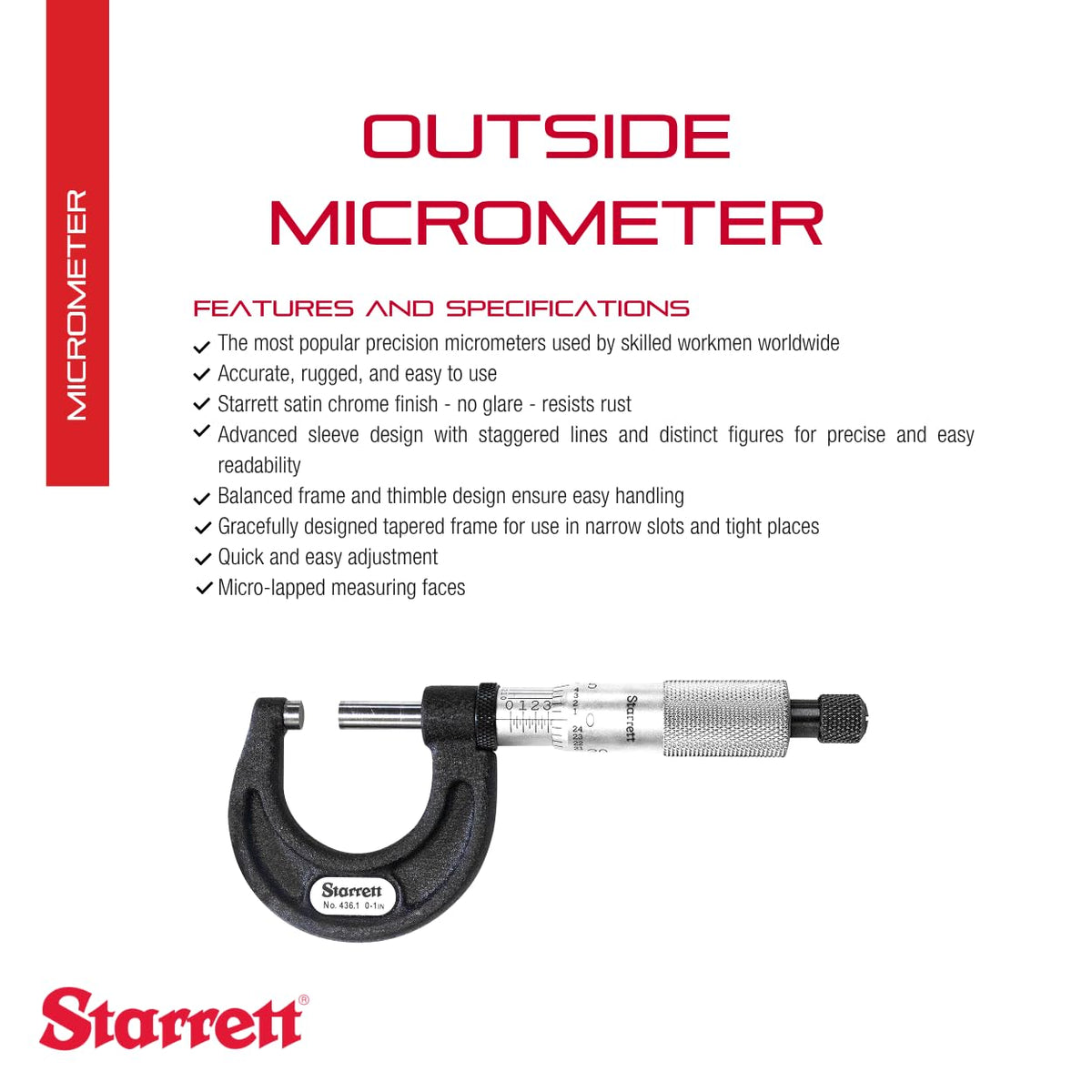 Starrett Outside Digital Micrometer, 0-1" Range, .0001" Graduation