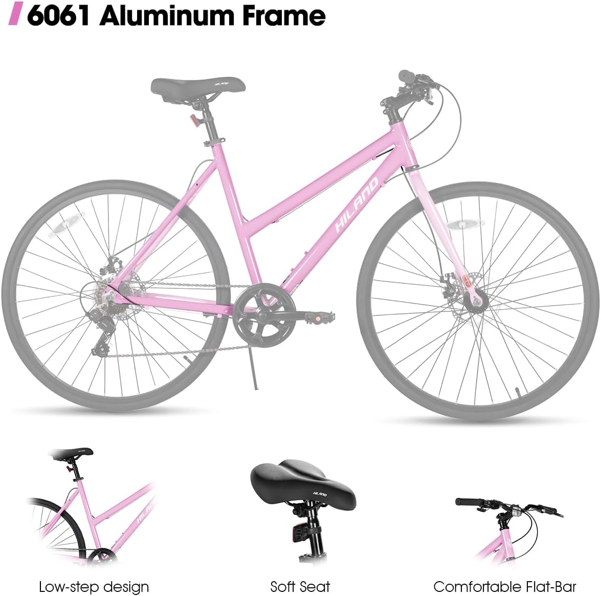 HILAND 700C Hybrid Bike, 7-Speed Urban Commuter Bicycle for Men & Women, Lightweight Aluminum Frame, Dual Disc