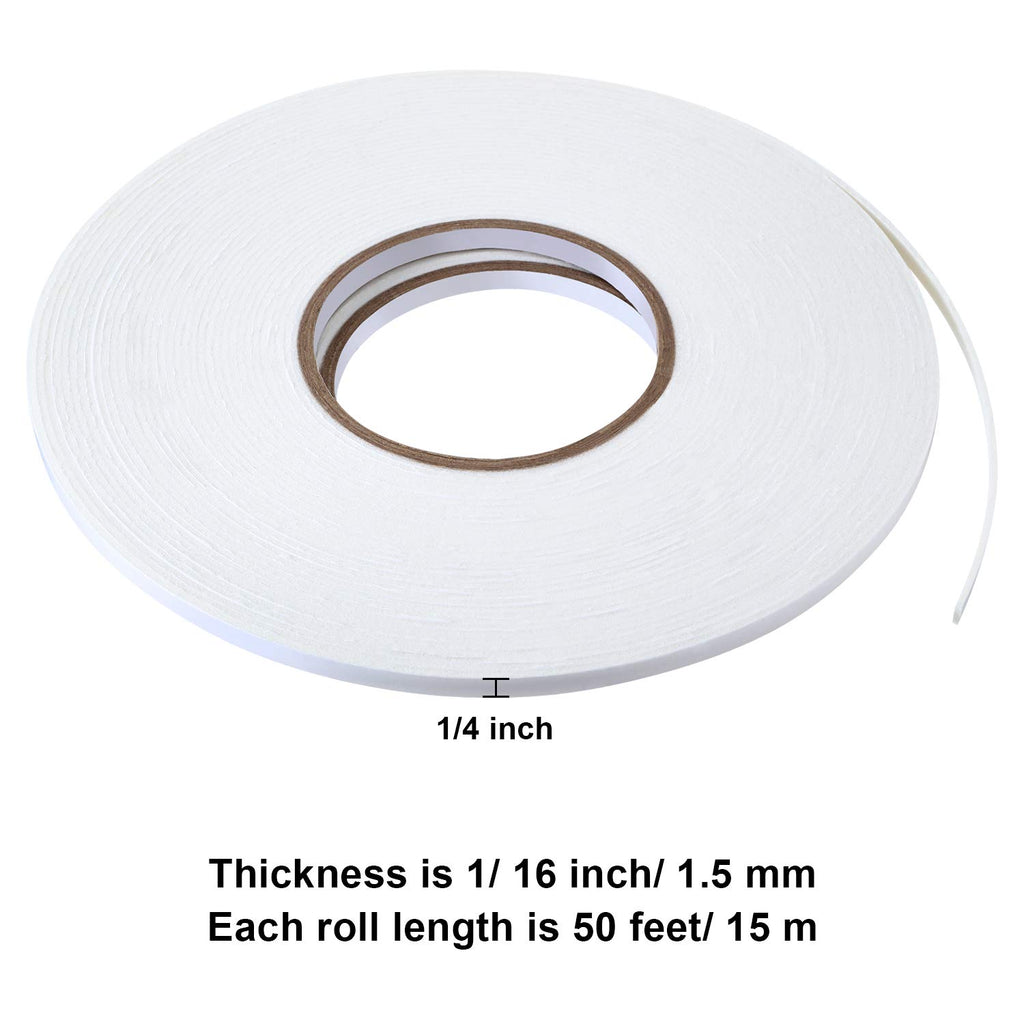 2 Rolls Double Sided Foam Tape for Mounting,1/4 Inch by 50 Feet,White