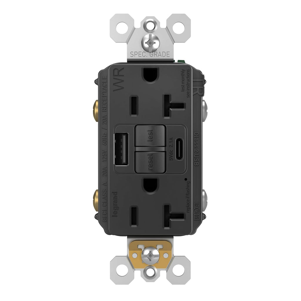 Legrand 20 Amp Hospital Grade GFCI USB Type A/C Wall Outlet Black 1 Pack