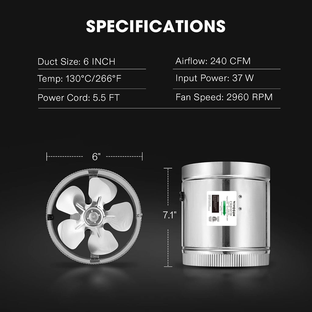 VIVOSUN 6" Inline Fan 240 CFM, Exhaust Fan for Home