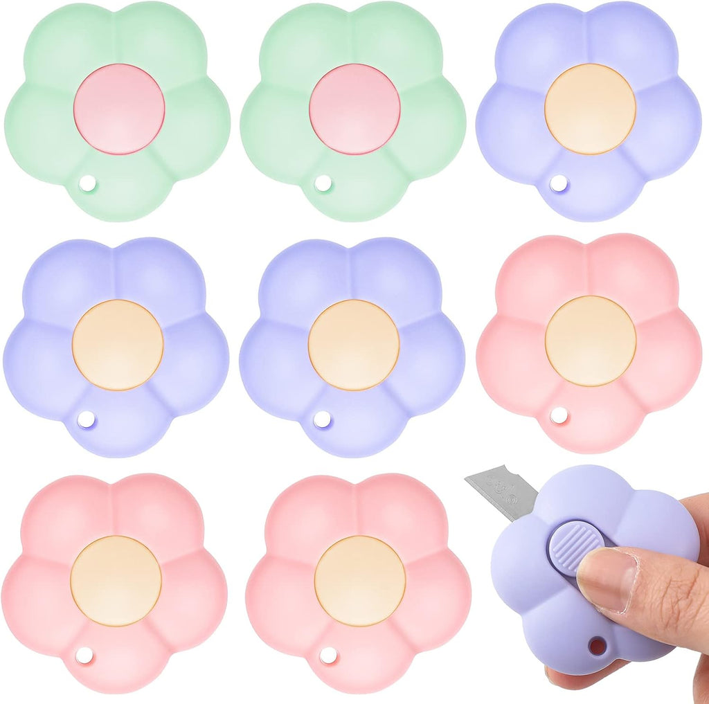 8 Pack Mini Box Cutter Retractable Flower Utility Knife, 3 Colors