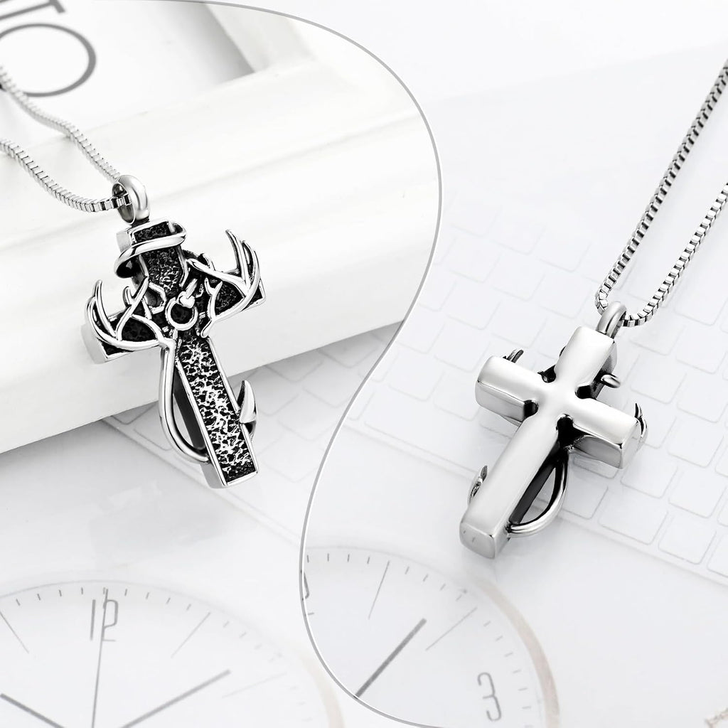 Cross Cremation Jewelry Urn Necklace for Human Ashes Fish Hook Memorial Urn Pendant Deer Antler Cross Ashes Holder
