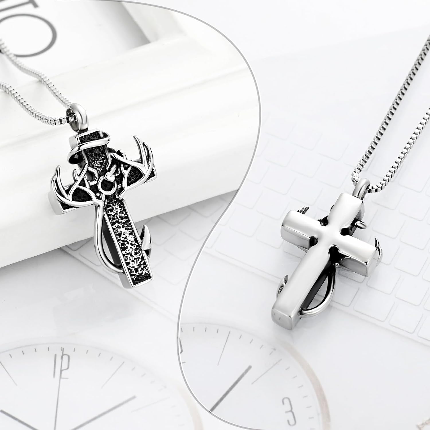 Cross Cremation Jewelry Urn Necklace for Human Ashes Fish Hook Memorial Urn Pendant Deer Antler Cross Ashes Holder