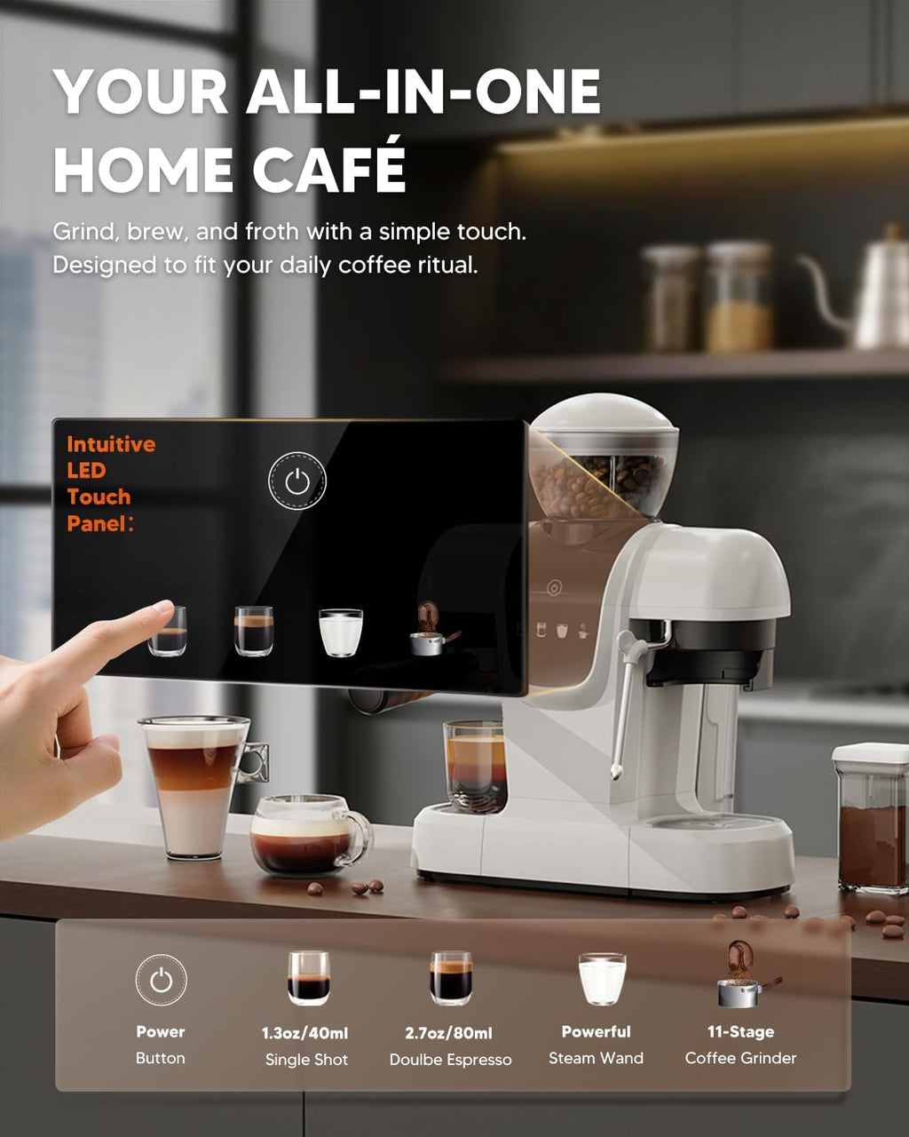 Semi-Automatic Espresso Machine with Grinder & Steam Wand,White | 20-Bar,11 grind settings,NTC&PID control,Compact