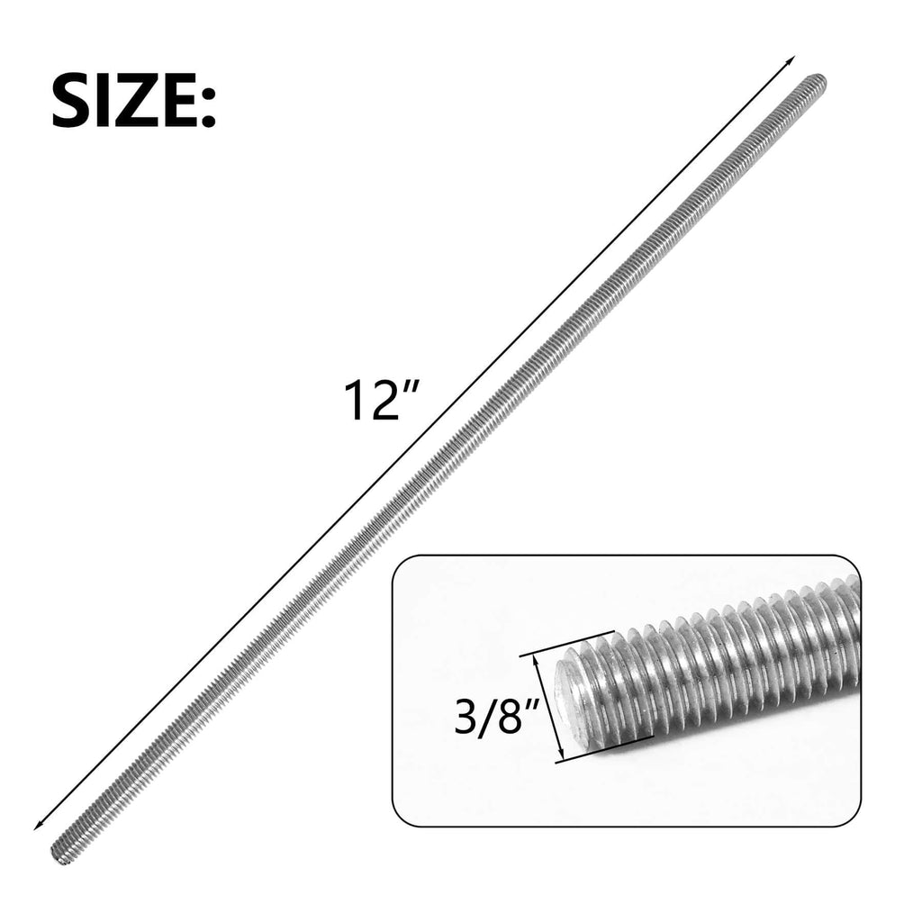 4 Packs 304 Stainless Steel 3/8"-16 Thread Fully Threaded Rods, 12" Length, Right Hand Threads