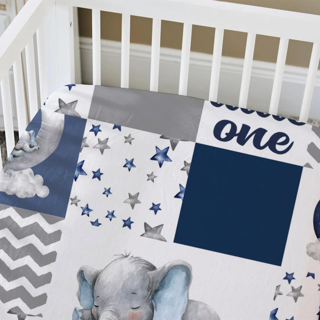 Navy Blue Sleeping Elephant Fitted Standard Crib Sheet Baby Boy, Dream Big Little One You are So Loved Patchwork