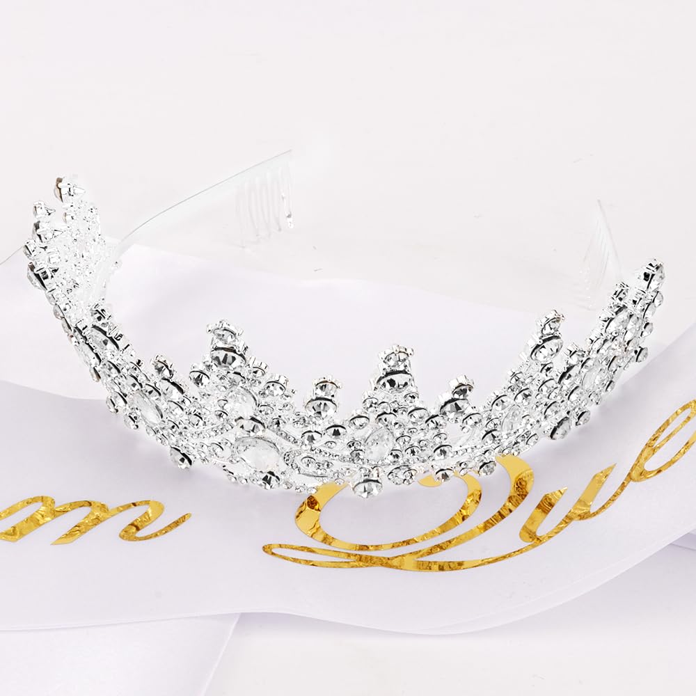 Prom Queen Sash and Tiara Set, Silver Tiaras and Crowns for Women, Prom Queen for Halloween Costume Cosplay Prom