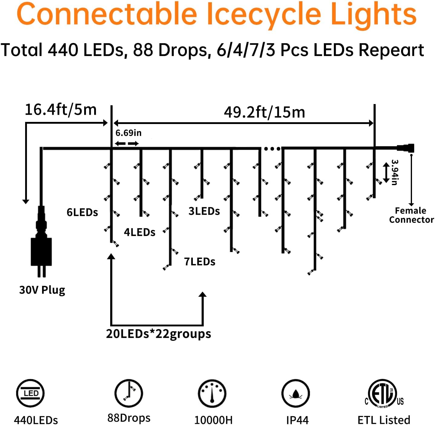 Icicle Lights Christmas Lights Outdoor 49.2 Ft 440 LED Extendable Dripping Lights 8 Modes Warm White Icecycle String
