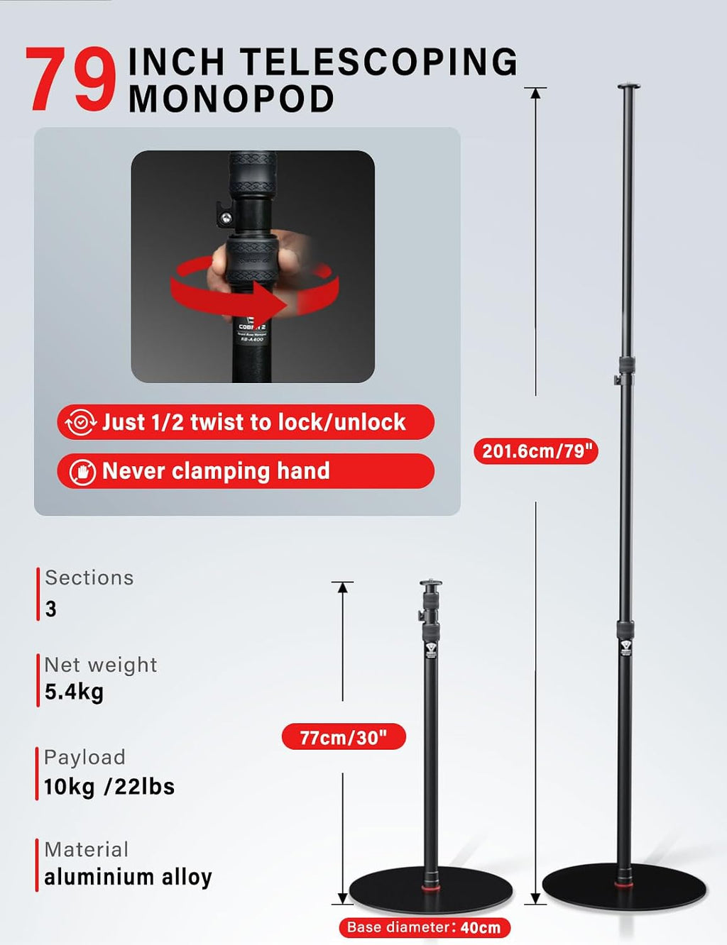 A400 Round Base Monopod(3 Pack) - 79'' Light Stand Photography, Aluminum Camera Floor Stand for DSLR Camera, Light