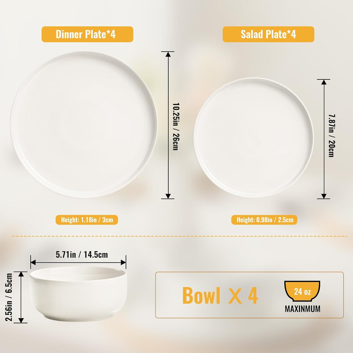Plates and Bowls Sets, 12 Pieces Ceramic Dinnerware Set for 4, Stoneware Dishware Dishes Set, Scratch Resistant