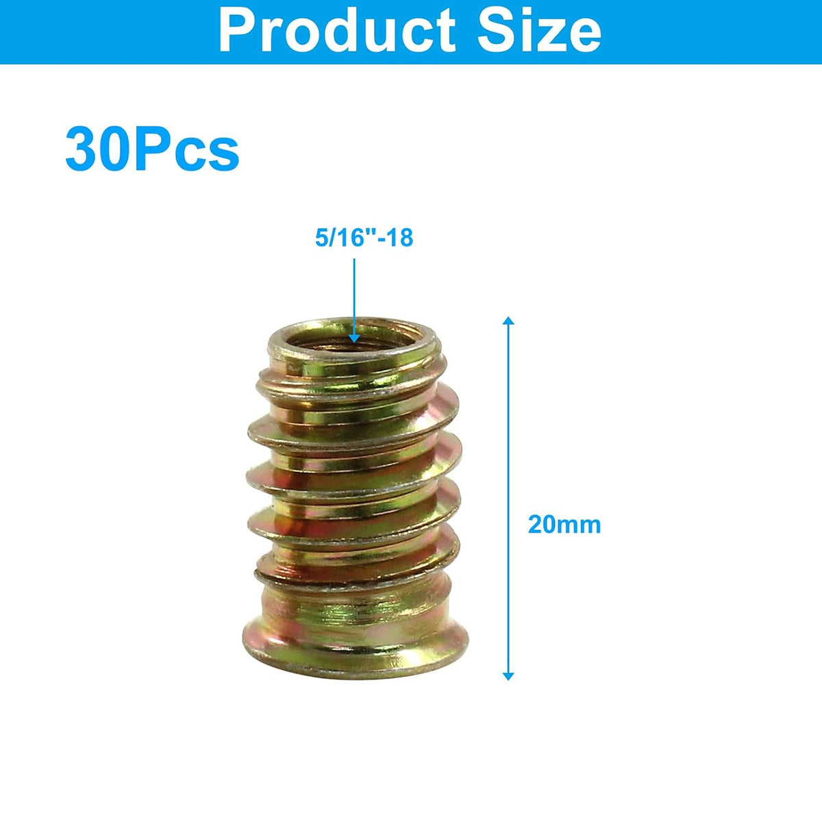 30 Pcs 5/16"-18 x 20mm Threaded Inserts for Wood