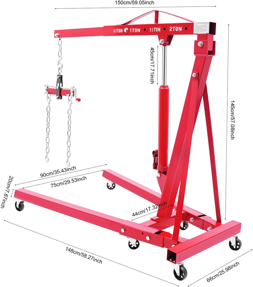 Hydraulic Crane 2 Ton Folding with Wheels, Engine Hoist & Load Leveler, Cherry Picker Lift Tool, 4400 LBS Capacity