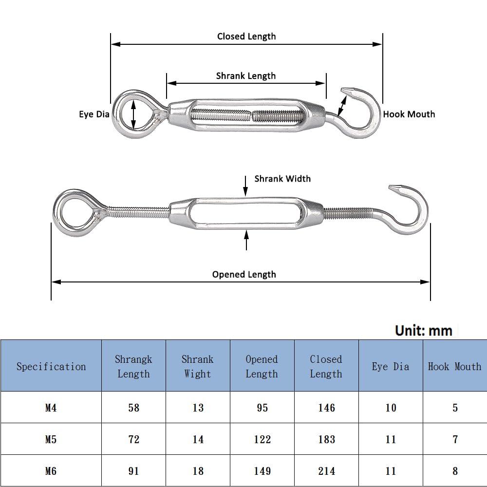 6Pcs M5 Hook & Eye Turnbuckle Wire Rope Tensioner Stainless Steel 304