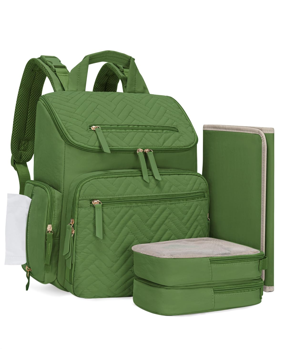 Diaper Bag Backpack with Changing Pad and Insulated Pockets, Green