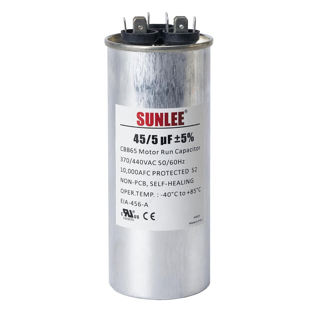 SUNLEE AC Capacitor 45/5 uF 370V / 440V CBB65 Dual Run Round - 45/5 MFD Run Capacitor for HVAC, Air Conditioner Condenser - UL Recognized & 5 Year Warranty