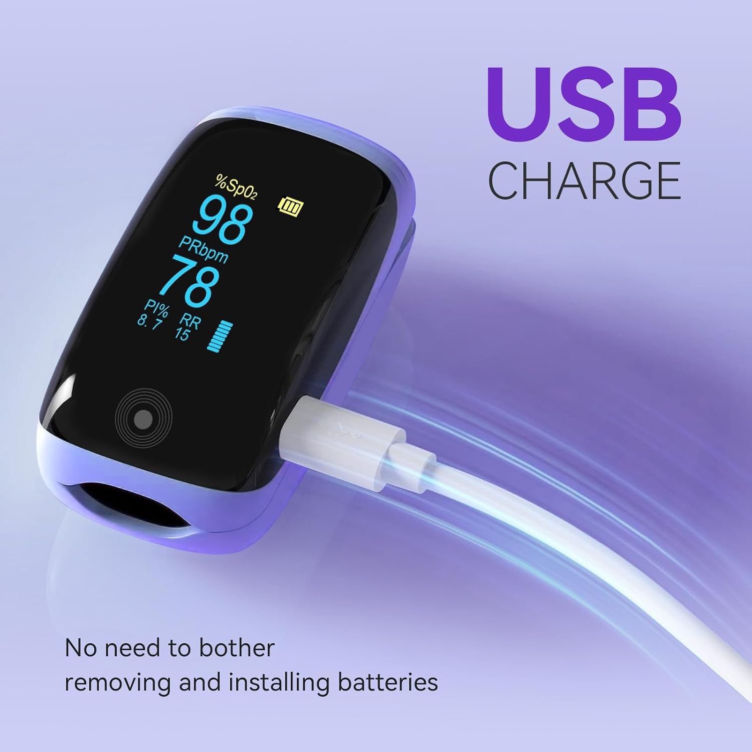 Rechargeable pulse oximeter with respiration, with SpO2 Pulse Rate and PI RR Precision Fast Oximeter SpO2 Reading
