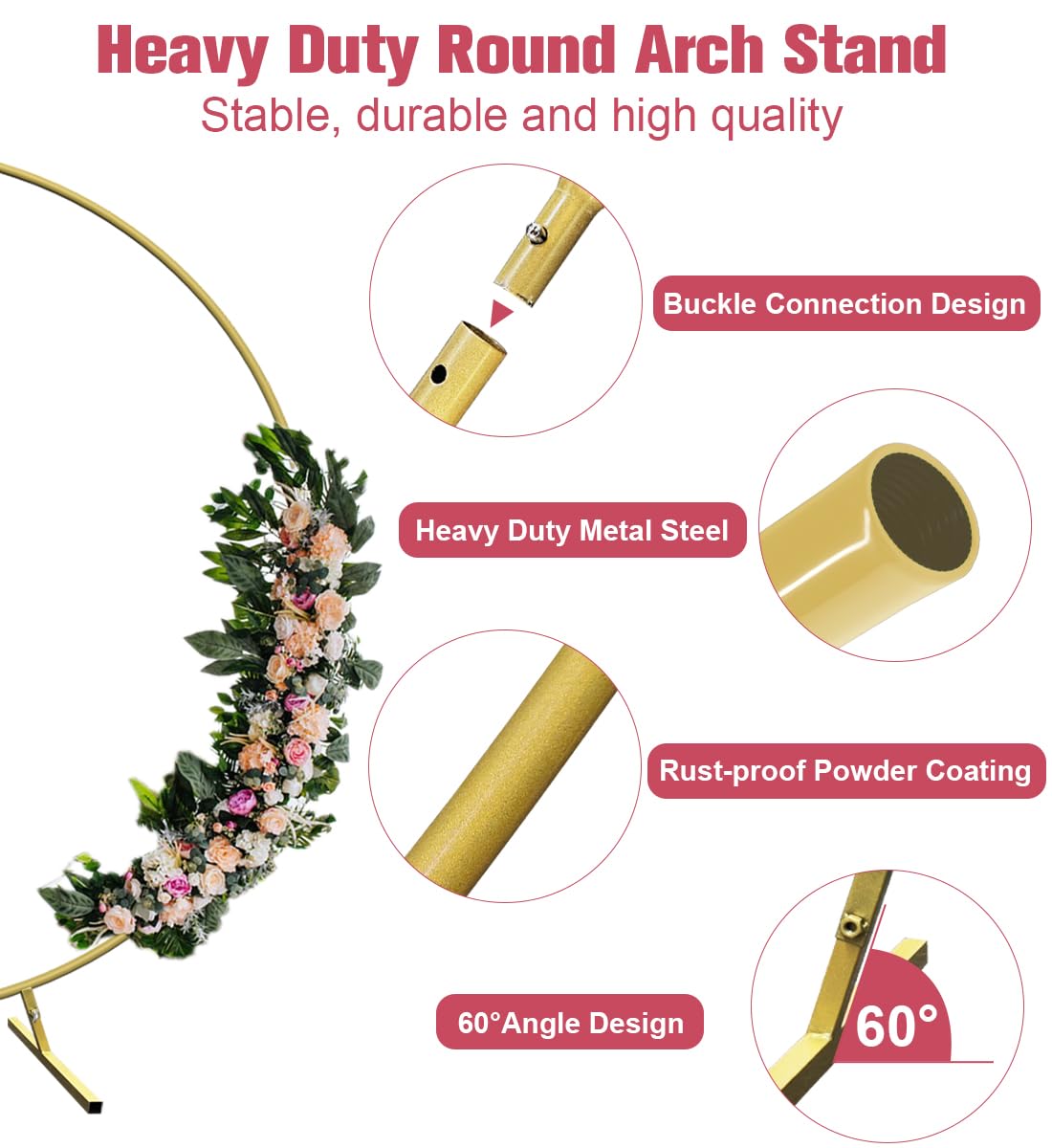 7 Ft Round Wedding Arch Stand with Metal Base, Gold