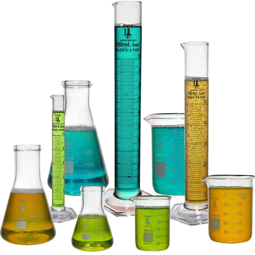 Beaker, Flask, Cylinder Set, 3.3 Boro. Glass - 9 Pieces - Beaker Set, Flask Set, and Graduated Cylinder Set, Karter