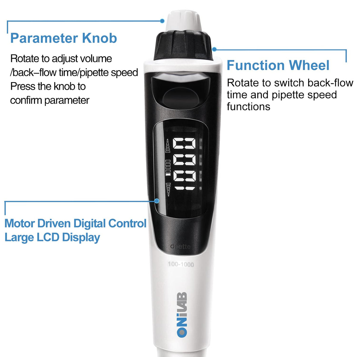Electric Single Channel Pipette, Adjustable Micropipette 100-1000μL