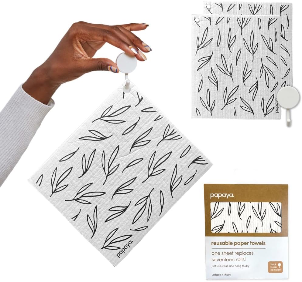 Swedish Dishcloths for Kitchen, 2 Reusable Paper Towels, 1 Hook