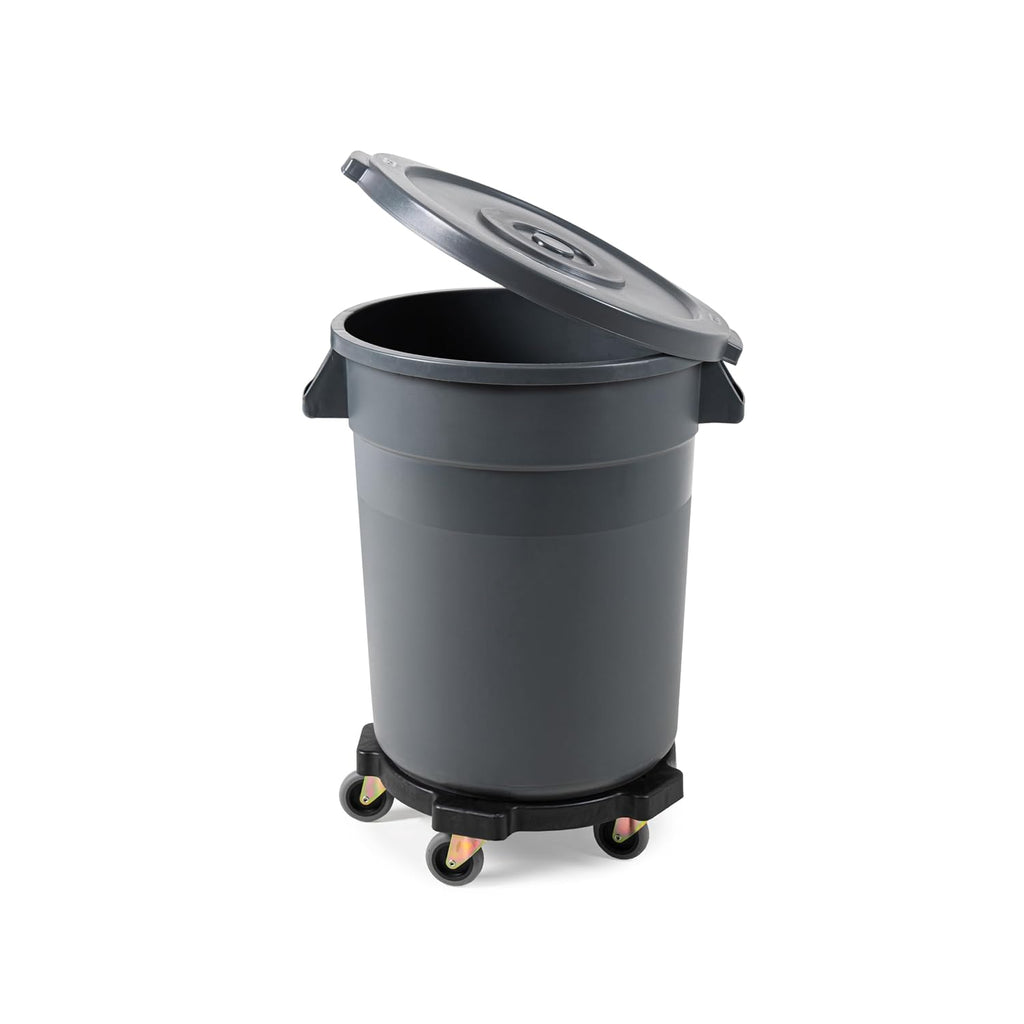 Commercial Round Trash Can with Lid and Dolly Rolling Waste Container, Ingredient Bin, Heavy-Duty Plastic