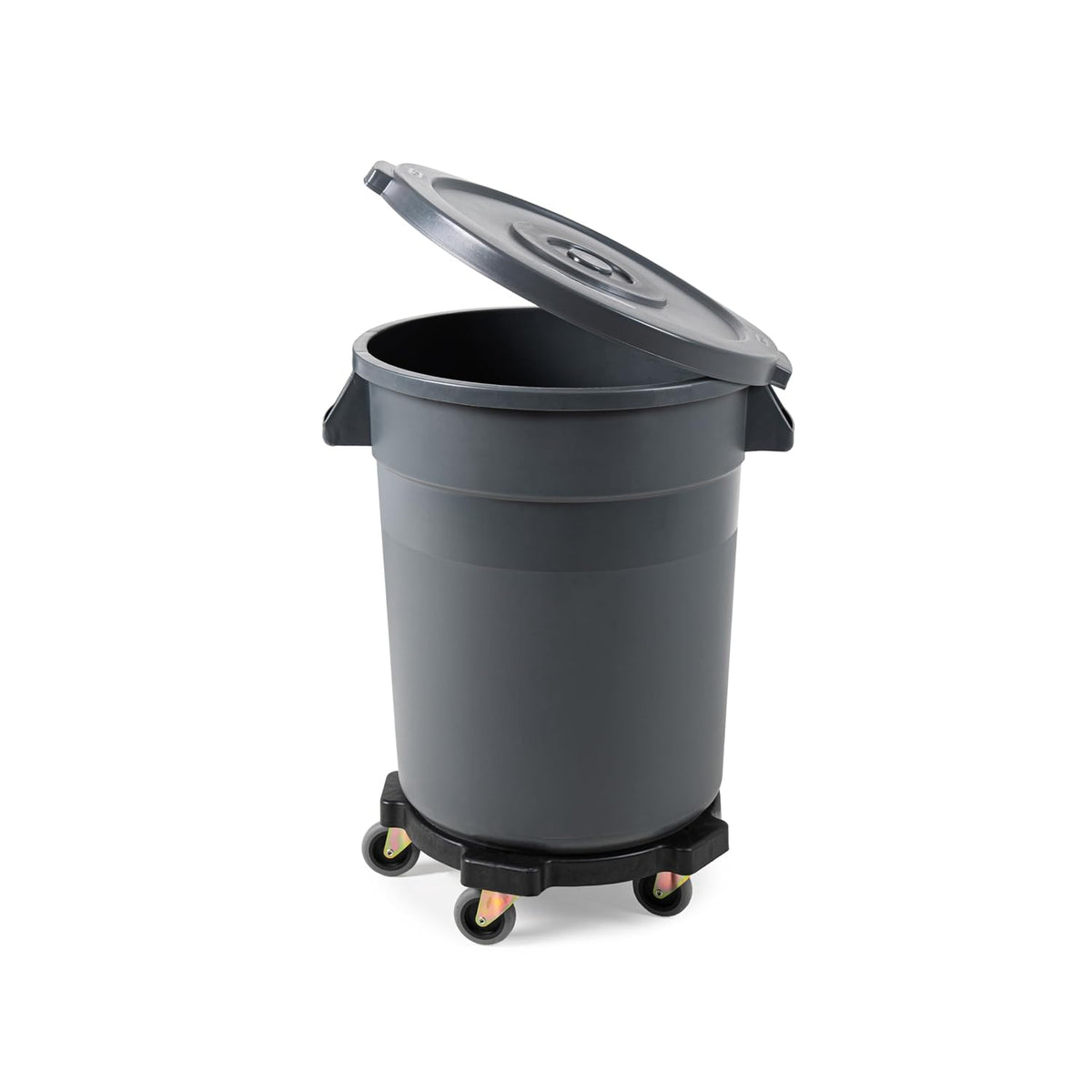 Commercial Round Trash Can with Lid and Dolly Rolling Waste Container, Ingredient Bin, Heavy-Duty Plastic