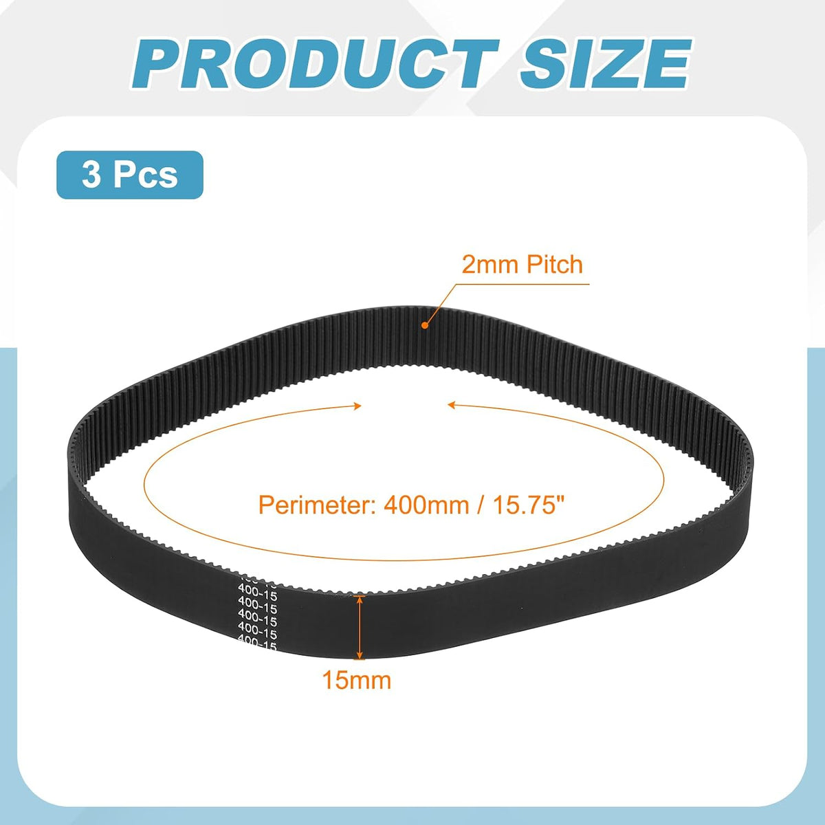 MECCANIXITY 400mm GT-2 Timing Belt 15mm Width 2mm Pitch Black 3pcs