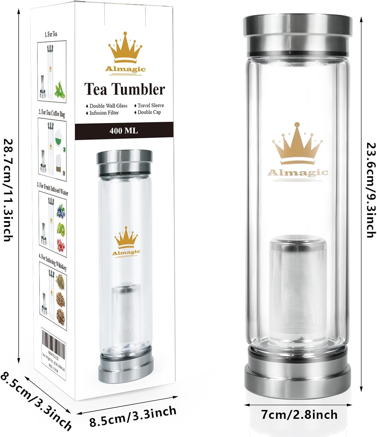 Tea Infuser Bottle for Loose Leaf Teas, 400 ml / 13.5 fl oz | Double Wall Glass Tea Bottle with Infuser, Insulated