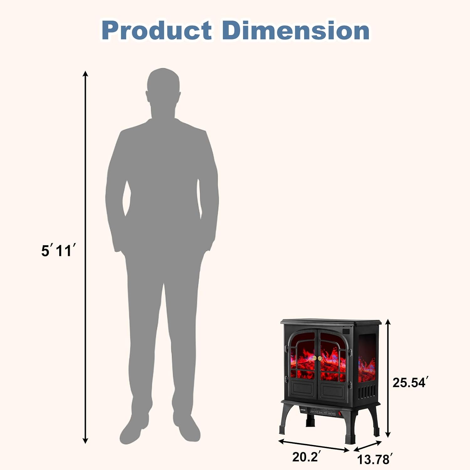 Electric Fireplace Heater, 26" Freestanding Two Door Electric Fireplace Stove with 3D Flame Effect & Remote Control