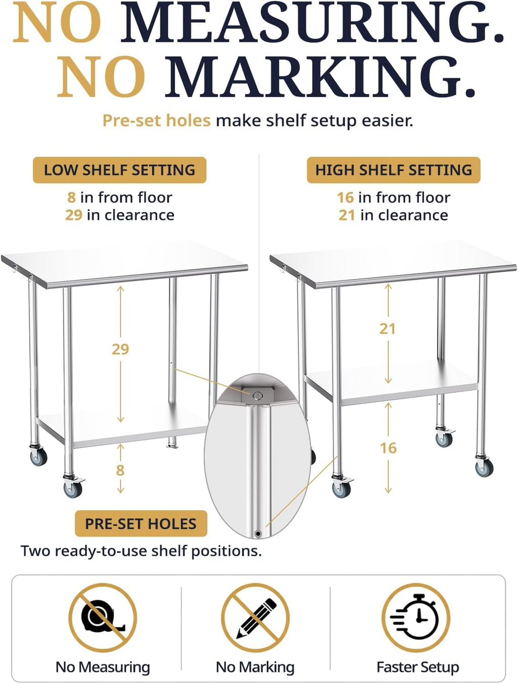 NSF Stainless Steel Prep Table 24X48 inch, Flat Top & Casters
