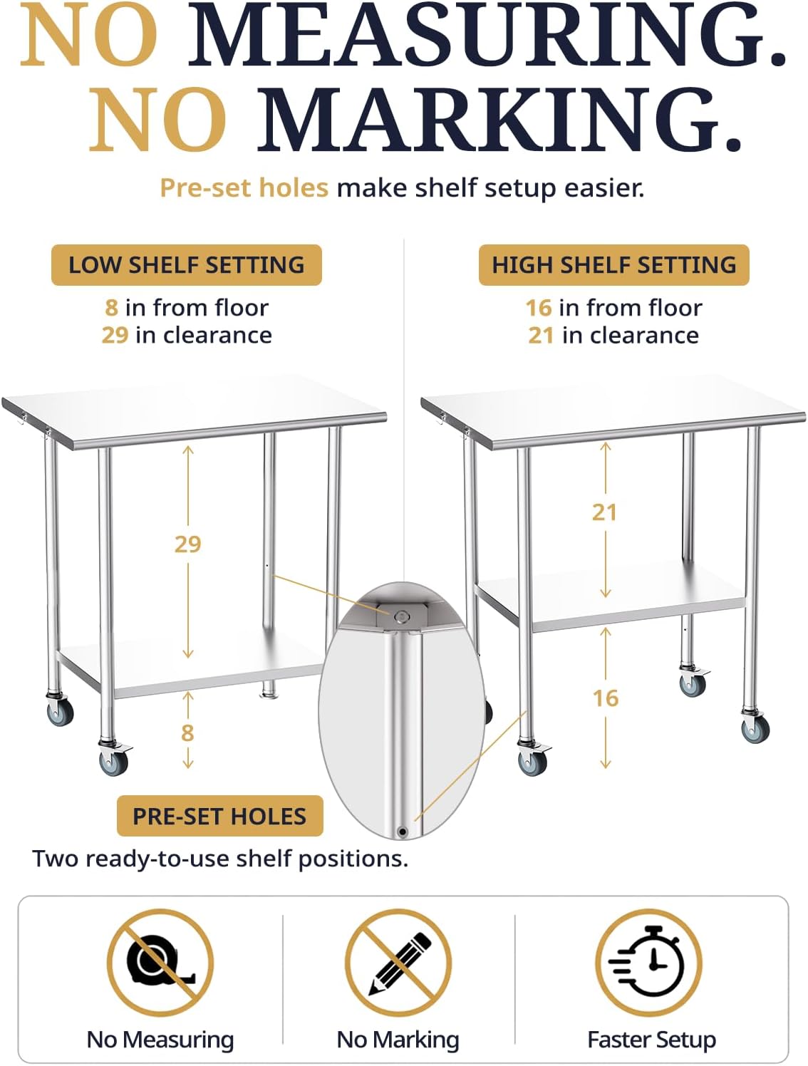 NSF Stainless Steel Prep Table 24X60 inch, Flat Top & Casters