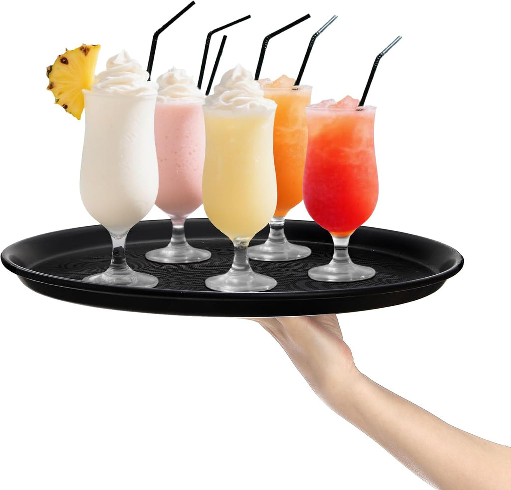 4 Pack Round Restaurant Serving Tray, 14 Inch Black Plastic Server Tray Non-Slip Food Serving Platter for Drinks