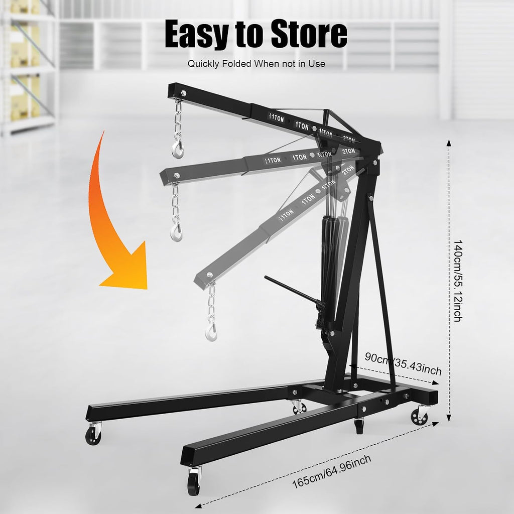 2-Ton Hydraulic Engine Hoist, Heavy-Duty Cherry Picker for Lifting Motors, Carbon Steel Shop Crane for Workshop